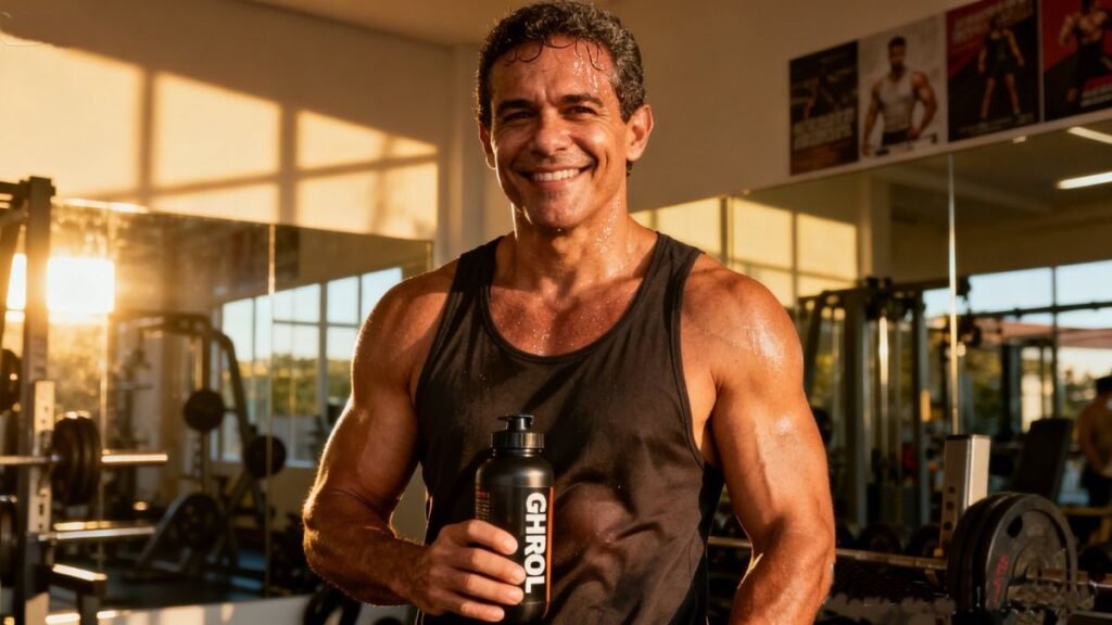 Homem na academia comemorando resultados