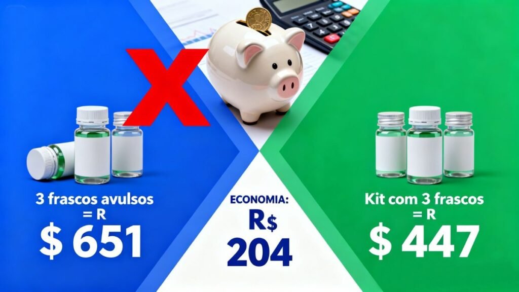 Calculadora visual mostrando economia de R$ 204 ao comprar kit de 3 frascos versus comprar 