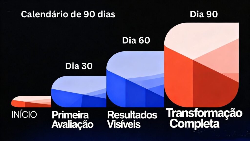 Calendário visual de 90 dias mostrando jornada completa do iniciante com marcos de progresso do Ghdrol