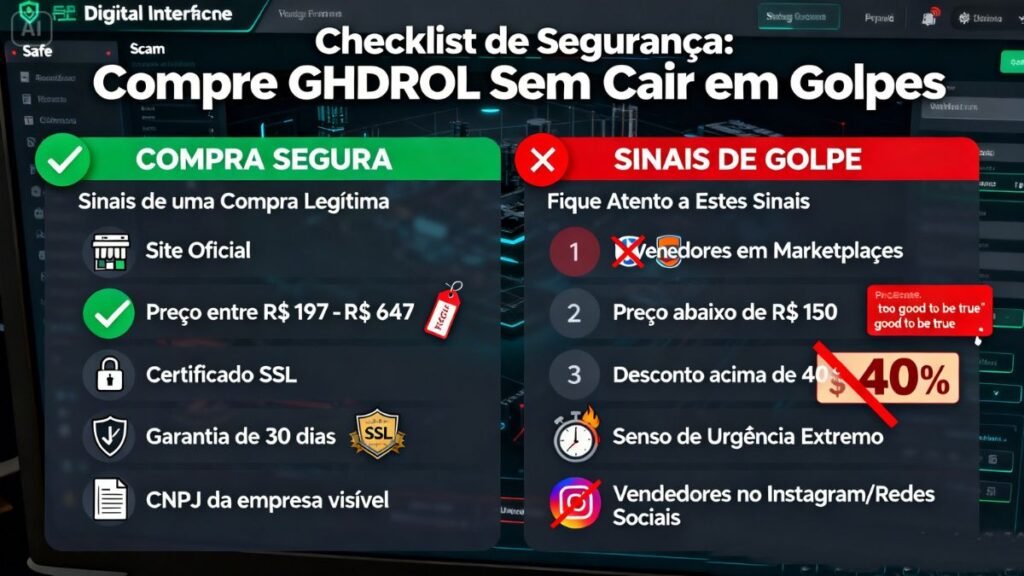 Checklist visual para identificar compra legítima versus golpe ao comprar Ghdrol online