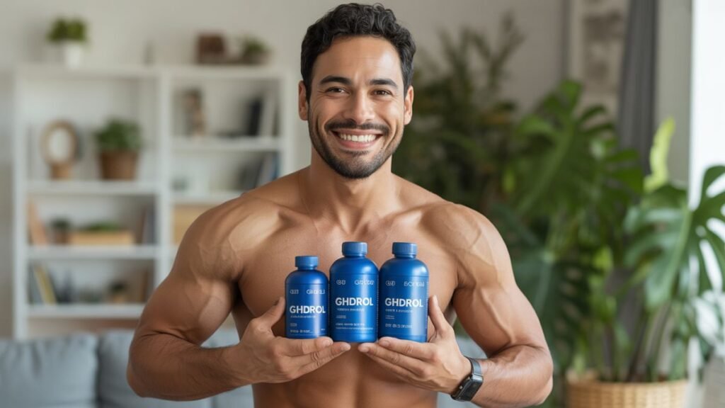 Cliente satisfeito mostrando kit de 3 frascos do Ghdrol após resultados positivos em 90 dias