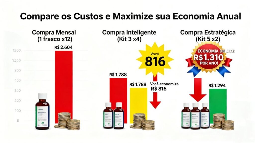 Gráfico comparando custo anual de compra mensal versus compra de kits maiores economizando até R$ 1.310