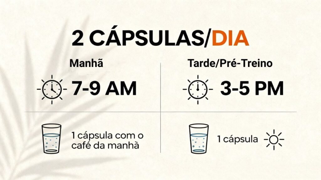 Guia visual de dosagem inicial do Ghdrol para iniciantes mostrando 2 cápsulas por dia em horários ideais