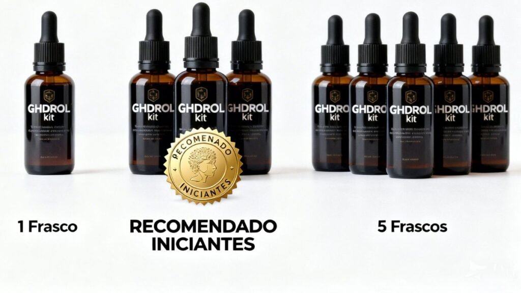 Comparação visual dos três kits de Ghdrol com destaque para kit de 3 frascos recomendado para iniciantes