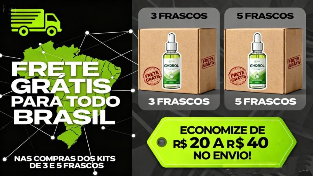 Selo de frete grátis para kits de 3 e 5 frascos do Ghdrol economizando R$ 20-40 por compra