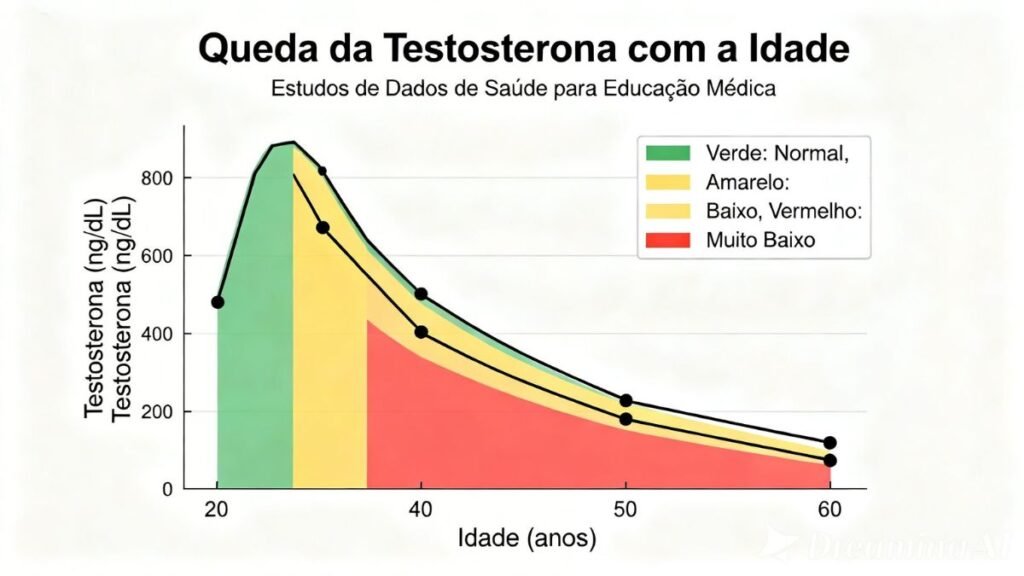 Gráfico mostrando declínio natural da testosterona masculina por idade de 20 a 60+ anos