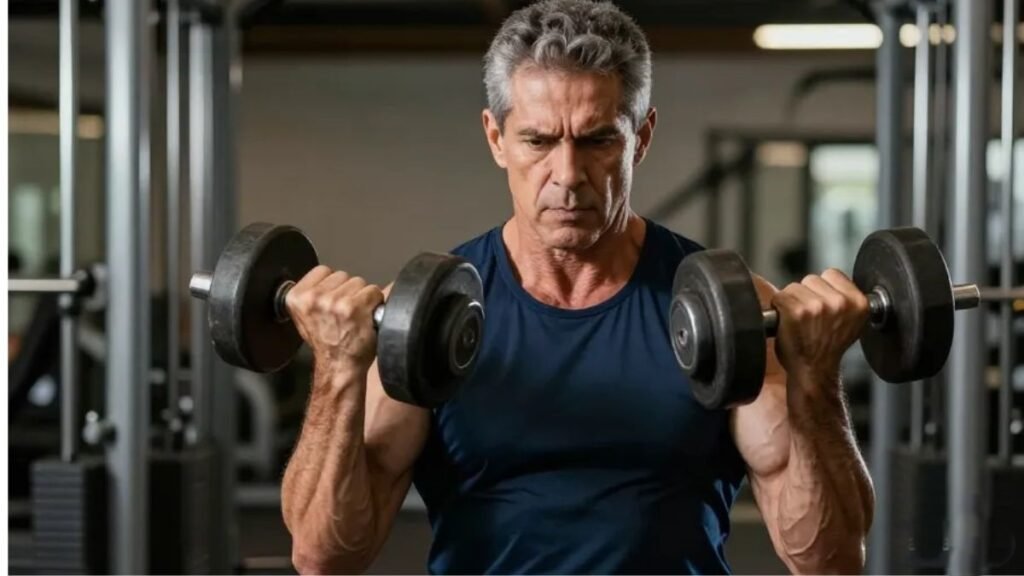 Homem de 40-50 anos em boa forma física revertendo declínio hormonal com Ghdrol