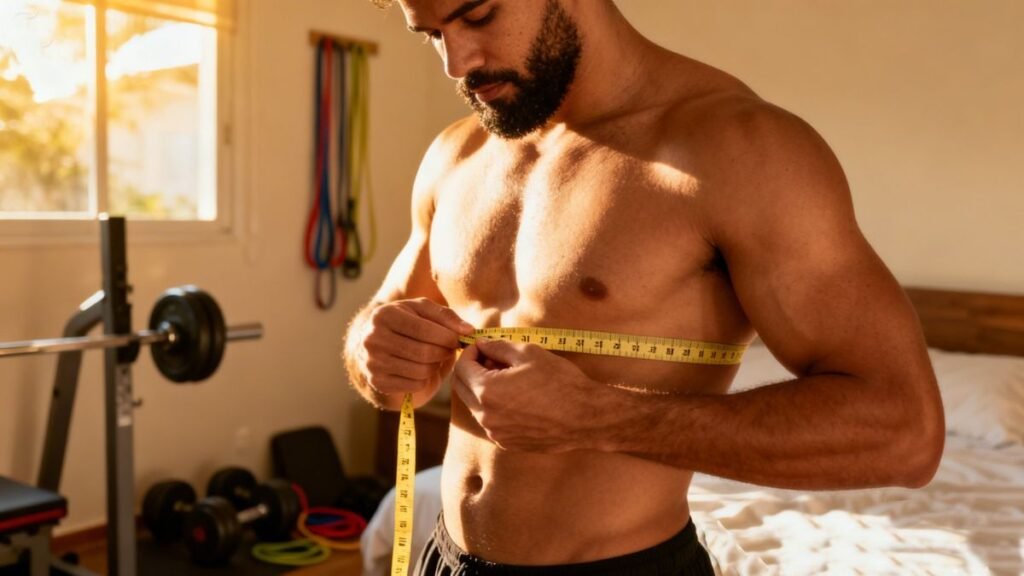 Homem iniciante medindo progresso corporal para acompanhar resultados com Ghdrol após primeiras semanas