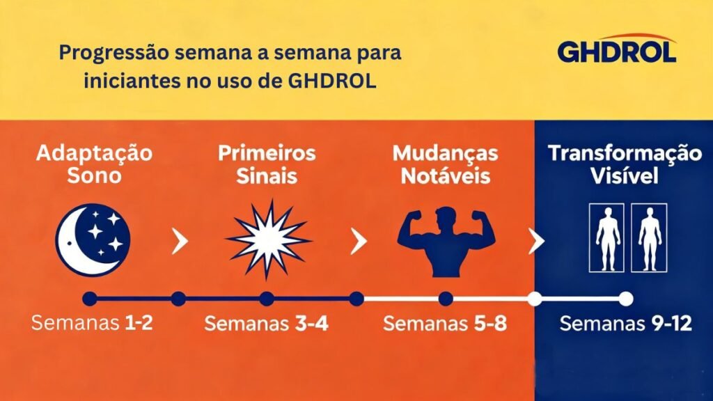 Linha do tempo mostrando progressão semana a semana dos primeiros 90 dias usando Ghdrol para iniciantes