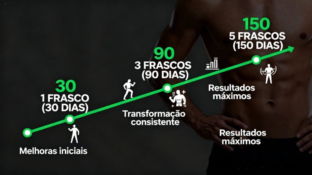 Linha do tempo mostrando progressão de resultados com cada kit de Ghdrol em 30, 90 e 150 dias