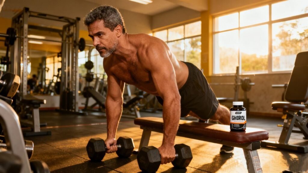 Homem iniciante treinando na academia combinando Ghdrol com exercícios de força para melhores resultados