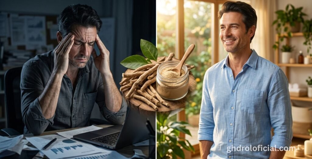 Ashwagandha KSM-66 reduzindo cortisol e equilibrando os níveis de testosterona em homens estressados