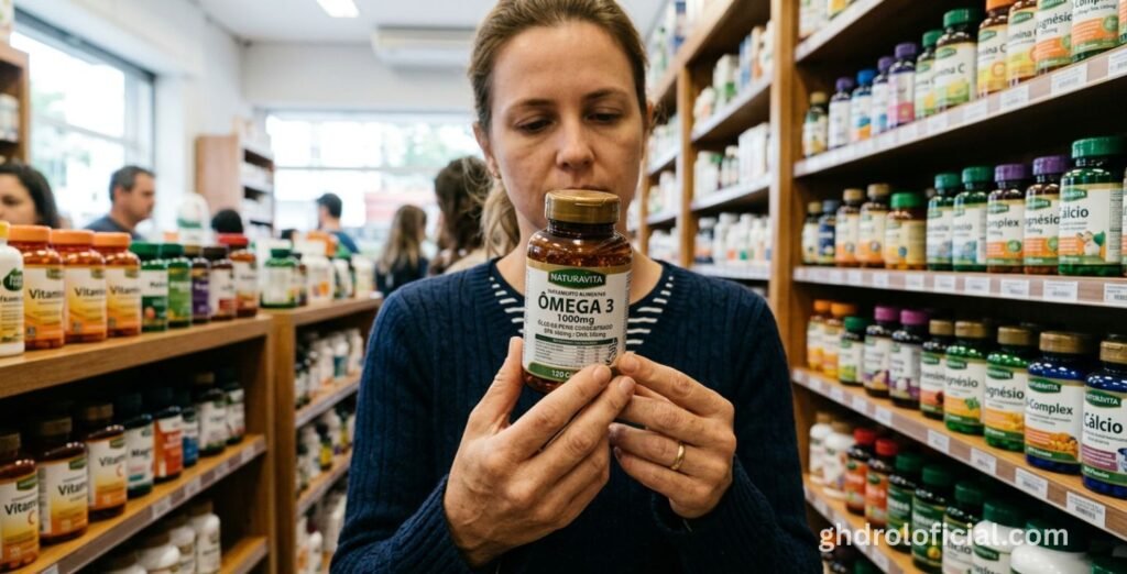 Pessoa analisando o rótulo de um suplemento alimentar para verificar qualidade, ingredientes e regularização ANVISA