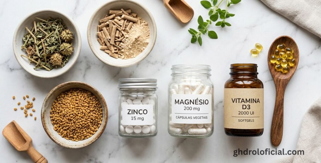 Ingredientes ativos do Ghdrol: Tribulus Terrestris, Ashwagandha KSM-66, Fenugreek, Zinco, Magnésio e Vitamina D3