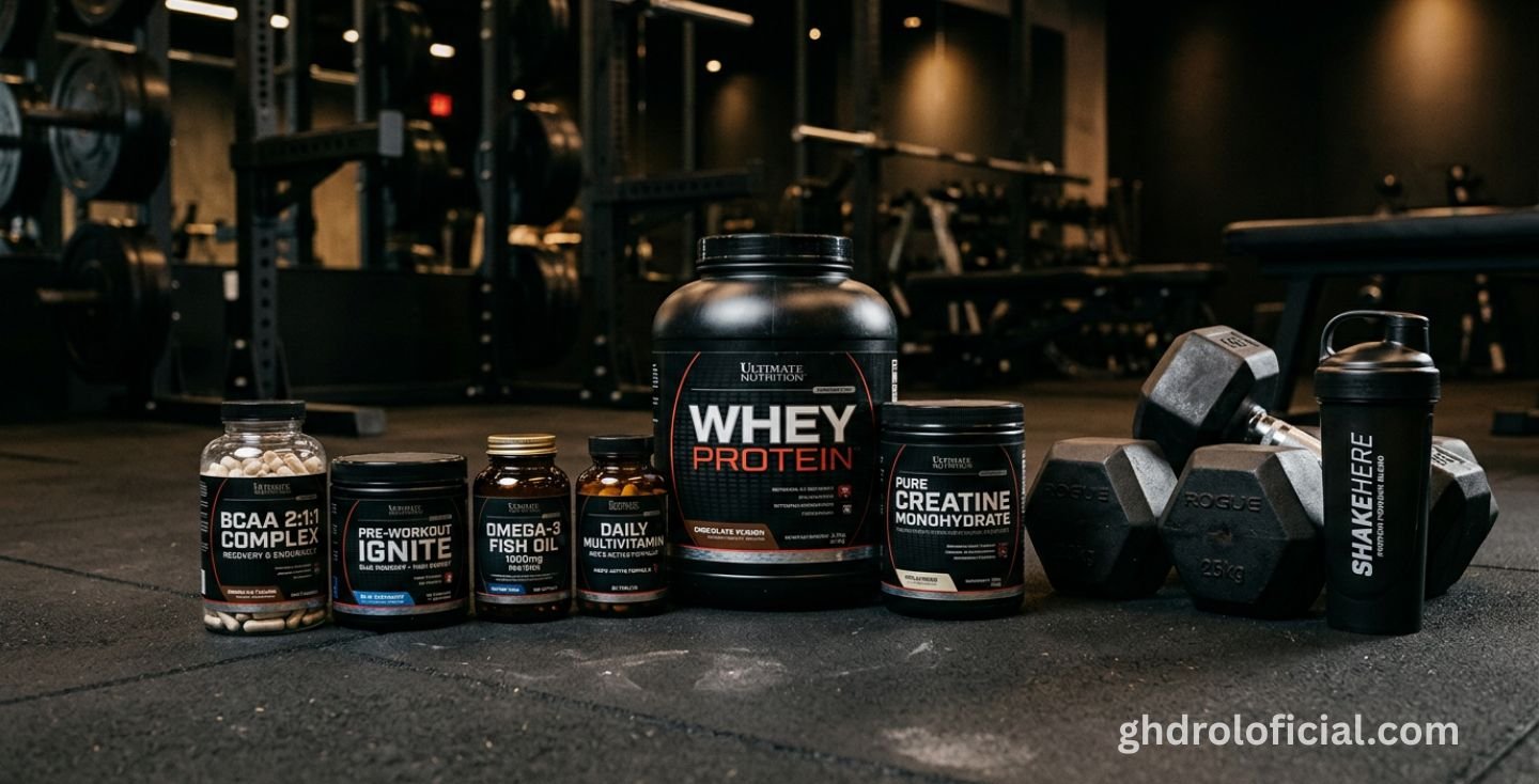 Os melhores suplementos para musculação dispostos ao lado de equipamentos de academia para maximizar resultados
