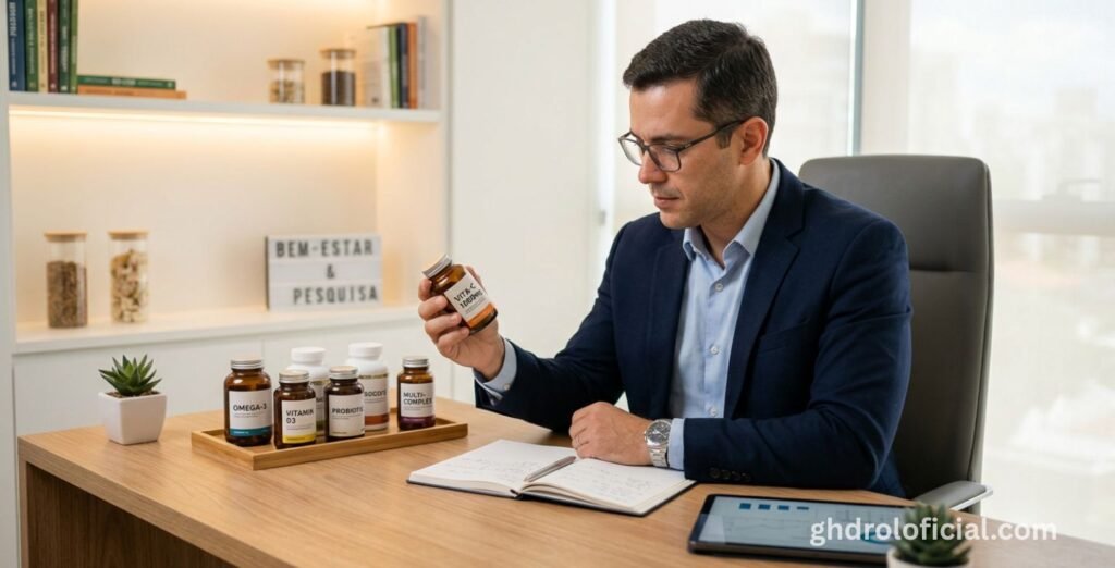 Homem pesquisando dúvidas frequentes sobre o uso de Ghdrol e Tribulus Terrestris para testosterona