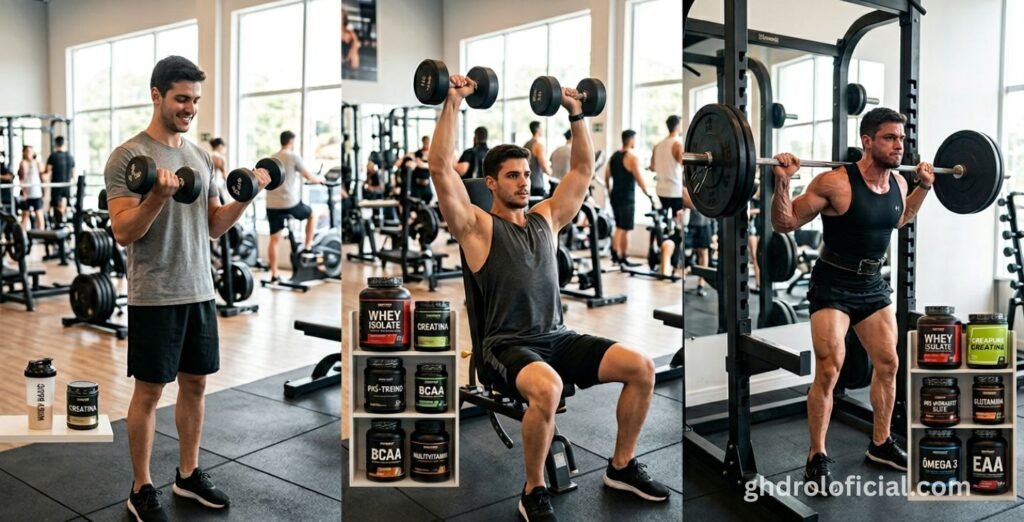 Três níveis de protocolo de suplementação para musculação: iniciante, intermediário e avançado com diferentes combinações de suplementos