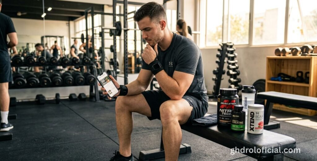 Praticante de musculação pesquisando dúvidas frequentes sobre o uso correto de suplementos alimentares