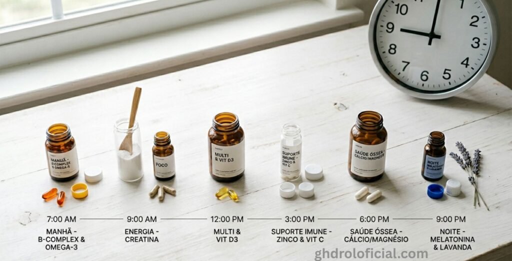 Organização de horários ideais para consumo de suplementos ao longo do dia, do acordar ao período antes de dormir