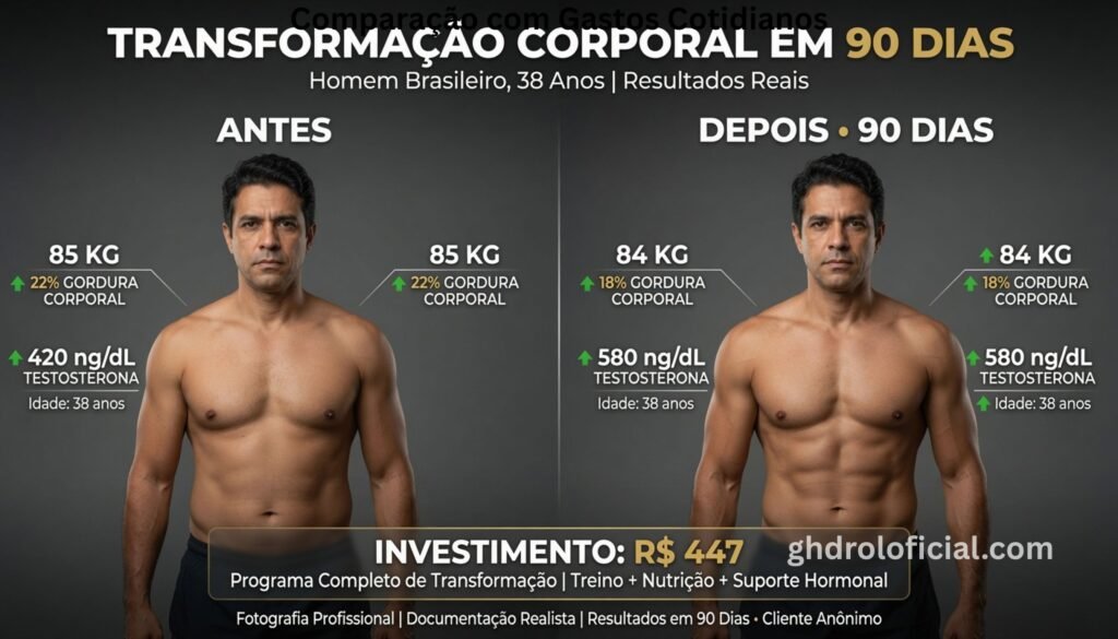 Transformação corporal realista em 90 dias com Ghdrol mostrando resultados mensuráveis e investimento