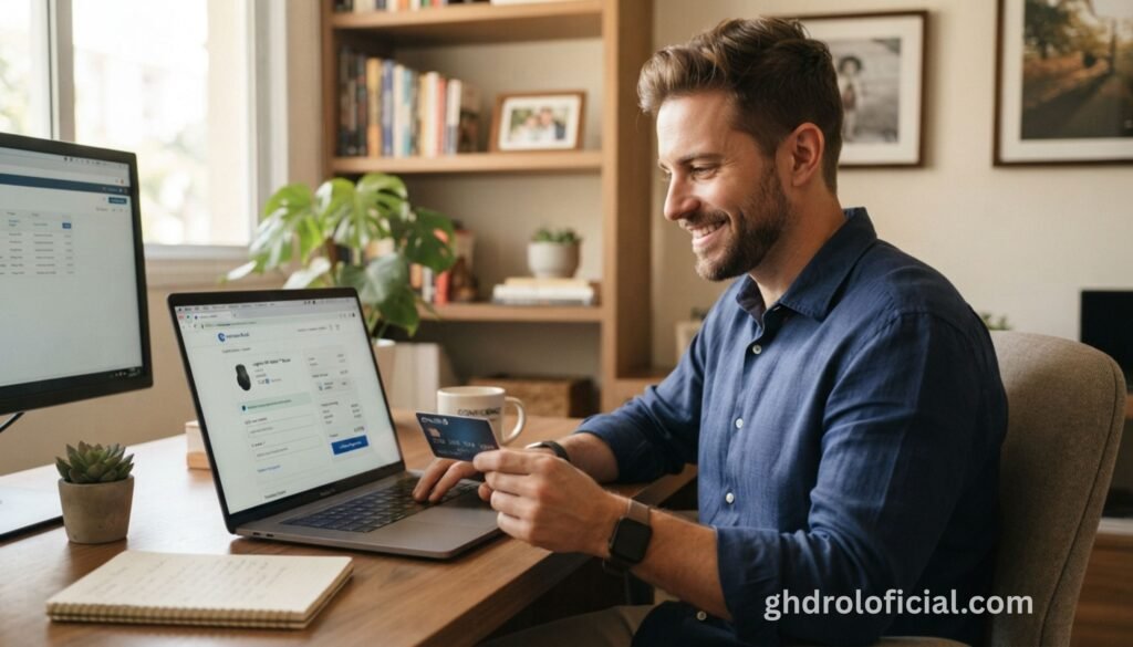 Homem realizando compra segura de suplemento no site oficial pelo computador, com símbolo de cadeado HTTPS visível na tela indicando conexão segura