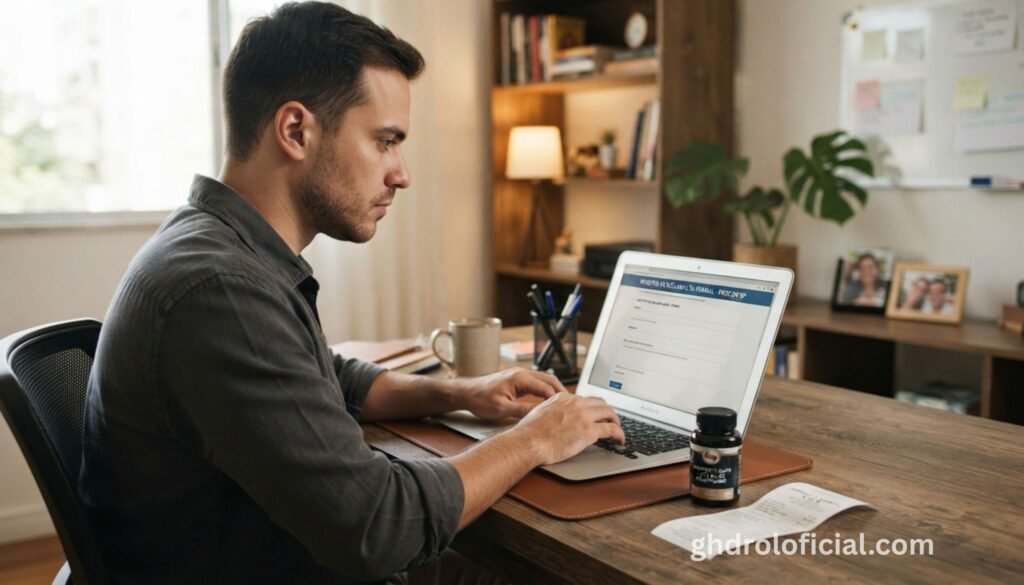 Homem registrando reclamação formal em computador após receber suplemento falsificado, com embalagem suspeita e comprovante de compra na mesa