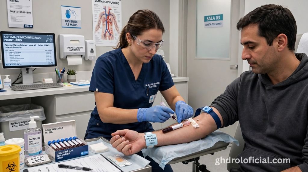 Enfermeiro coletando amostra de sangue de um homem adulto para realização de painel hormonal e diagnóstico de testosterona baixa