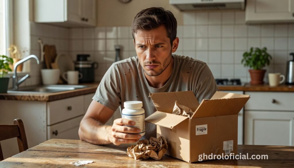 Homem desapontado olhando para um suplemento suspeito recebido em casa após compra online em marketplace, embalagem com aparência duvidosa
