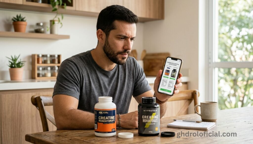 Homem comparando informações de dois suplementos com dúvida sobre autenticidade, consultando guia de verificação no celular ao lado das embalagens