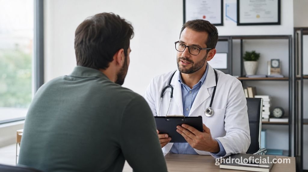 Homem consultando médico endocrinologista com dúvidas sobre sintomas de testosterona baixa e exames hormonais