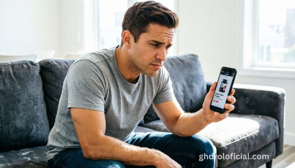 Homem olhando para a tela do celular com expressão de desconfiança ao ver anúncio de suplemento com preço muito baixo em marketplace, sinal de alerta de falsificação