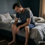 Homem de meia-idade sentado na beira da cama com expressão de fadiga e falta de energia, sintoma de testosterona baixa