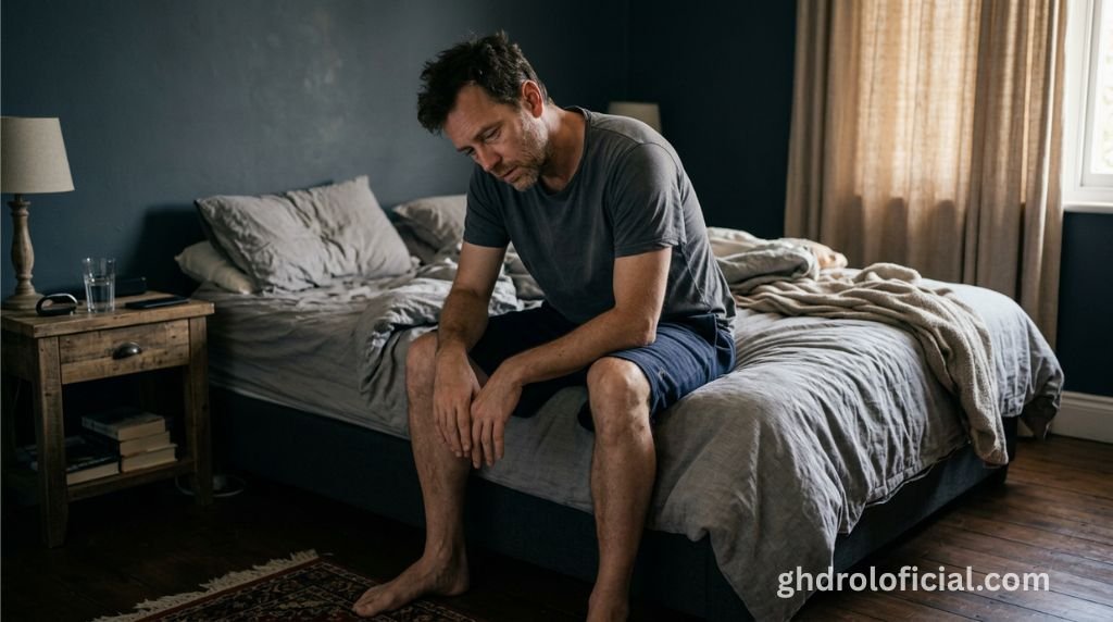 Homem de meia-idade sentado na beira da cama com expressão de fadiga e falta de energia, sintoma de testosterona baixa