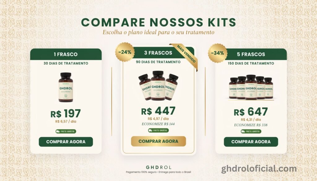 Tabela de preços dos três kits de Ghdrol mostrando valores, descontos e custo por dia