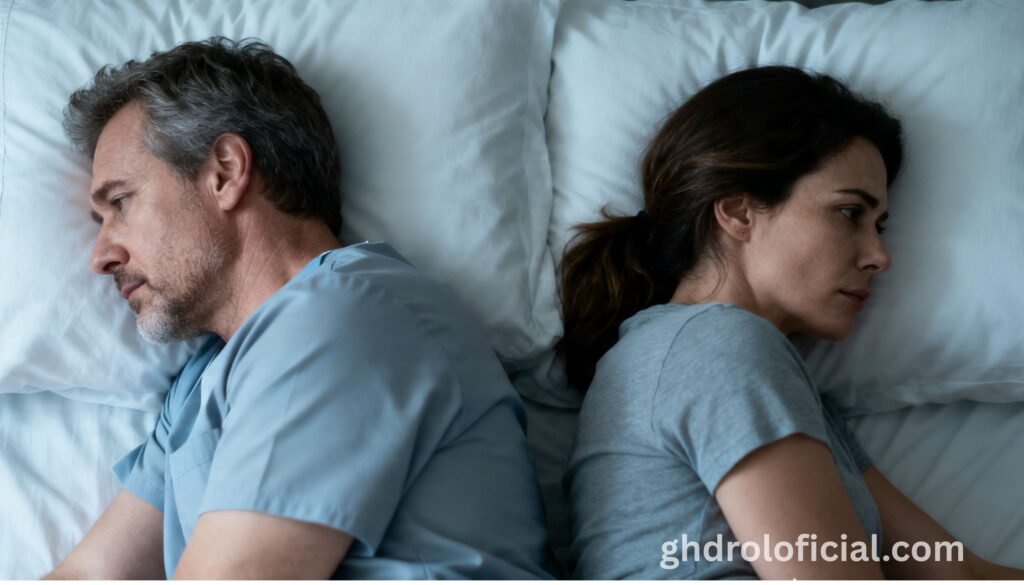 Casal na cama de costas um para o outro, representando o impacto da baixa testosterona na libido e no relacionamento íntimo