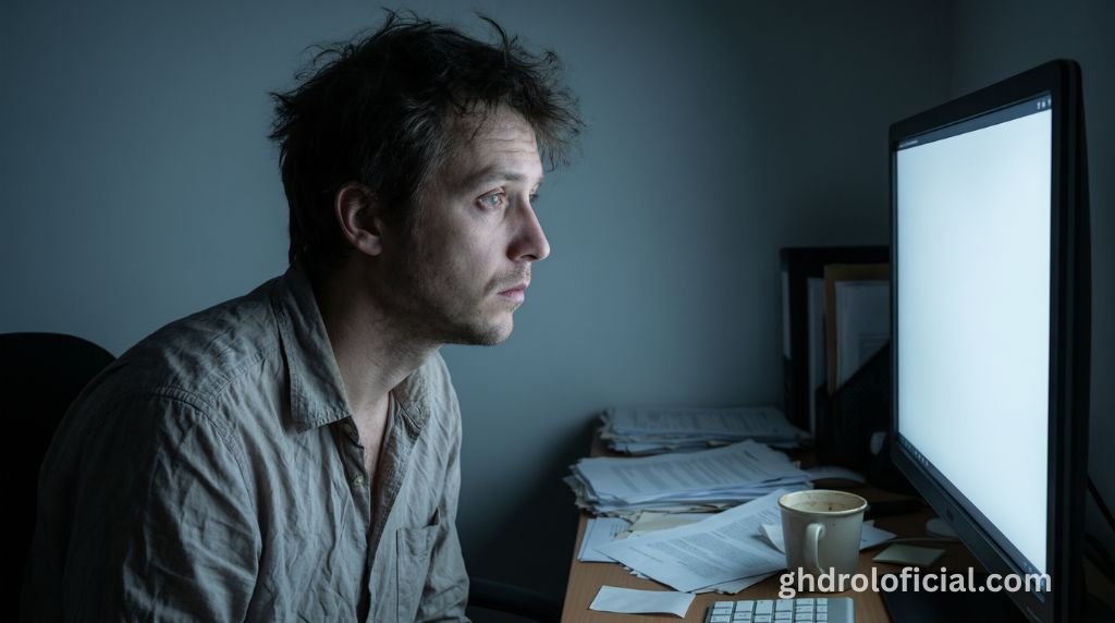Homem com expressão de tristeza e falta de foco diante de um computador, representando os sintomas psicológicos da testosterona baixa como depressão e névoa mental